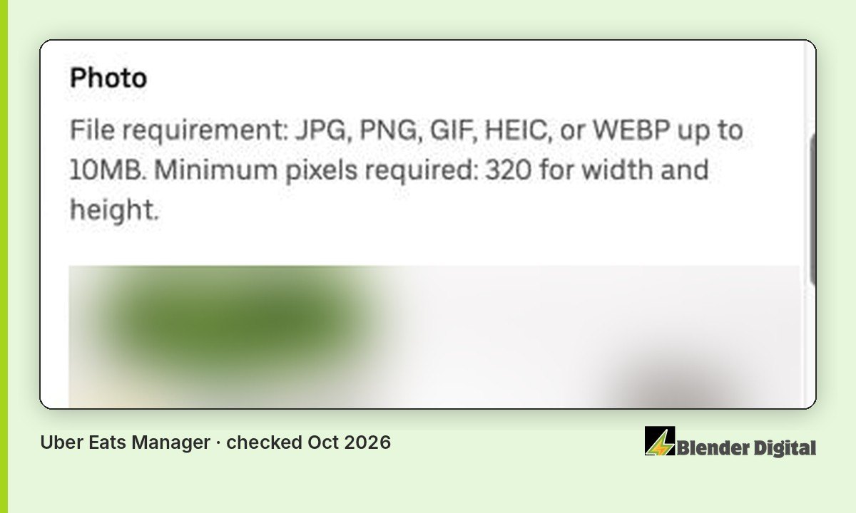Uber Eats Manager item editor showing the photo requirement: JPG, PNG, GIF, HEIC or WEBP up to 10MB, minimum 320 pixels for width and height